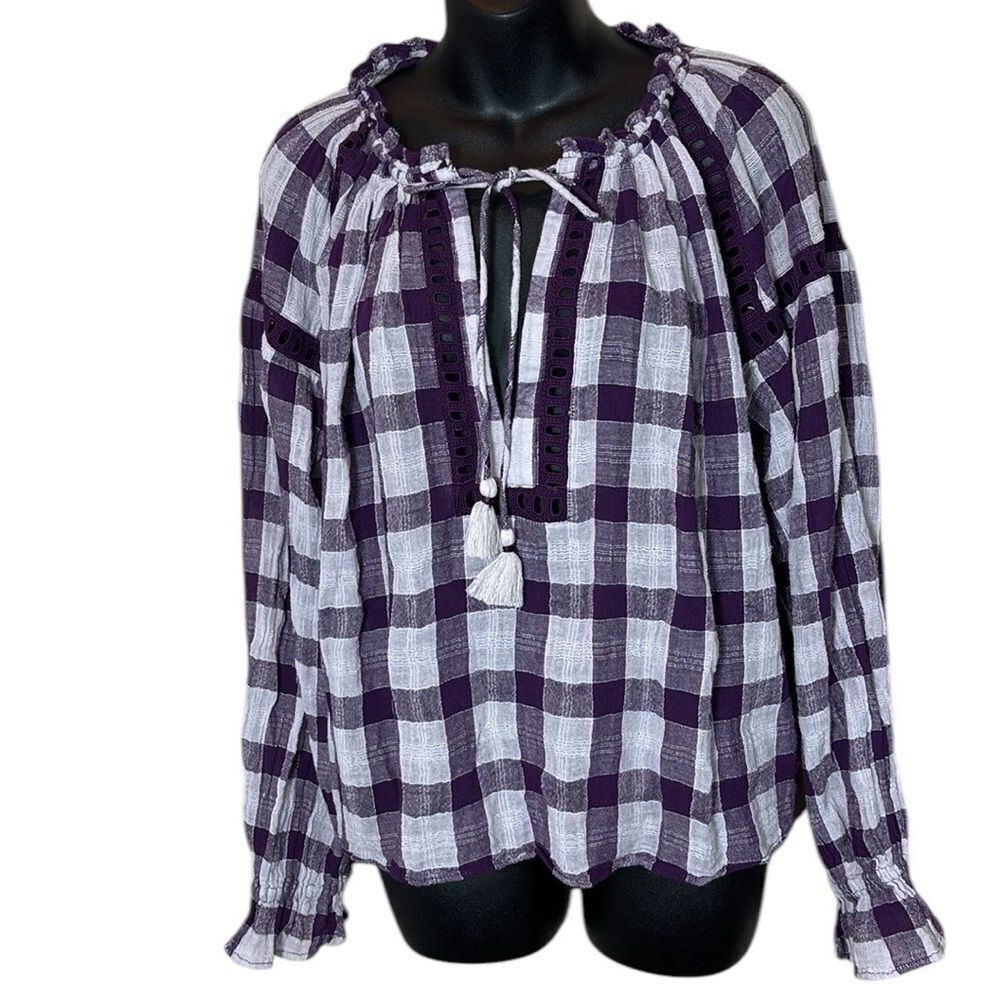 Free people honey grove plaid tassel gauzy boho country western top medium